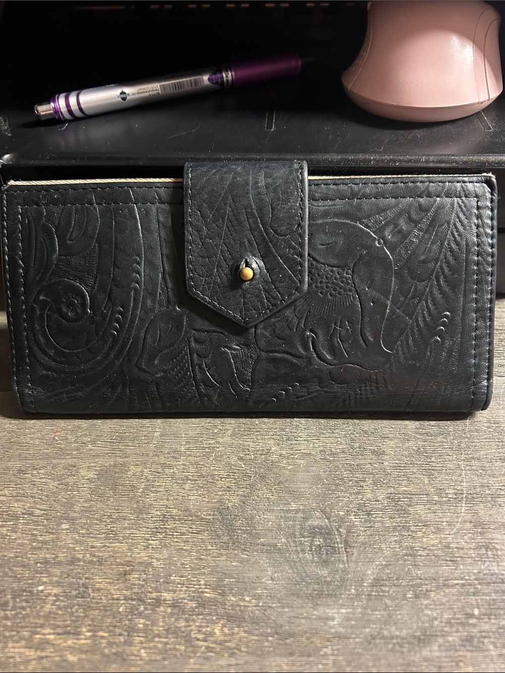 Embossed Black Leather Wallet - Floral Motif